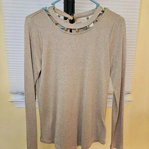 Michael‎ Kors Gold Shimmer Blouse Shirt Top Detailed Beaded Metallic Neckline S